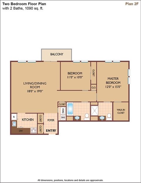Floor plan for 2 beds, 2 baths, 1090 sqft